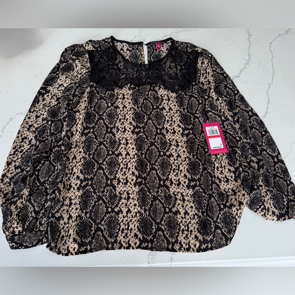 NWT Vince Camuto Snake Print Brown with Black Lace Detail size XS